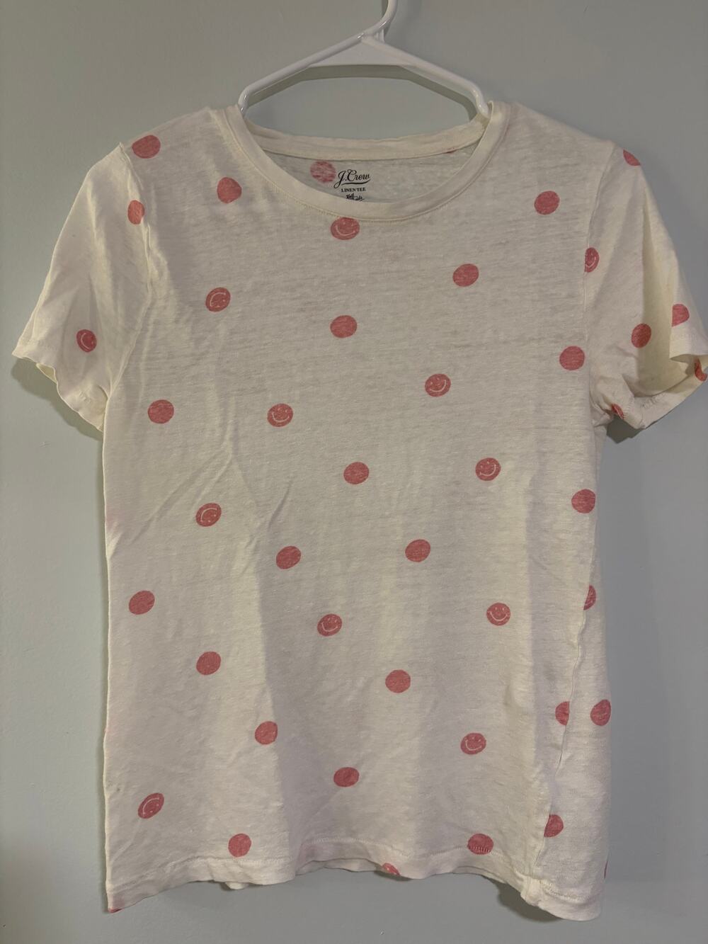 J.Crew Linen Tee Smiley Face Polka Dot T-Shirt Size Small Ivory Pink